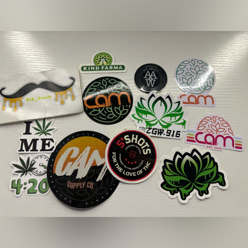 12 Assorted cannabis brand Sticker Pack with Green and Black Designs